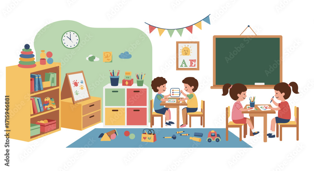 Colorful classroom scene with kids playing and learning together in a cozy setting Colorful classroom scene with kids playing and learning together in a cozy setting