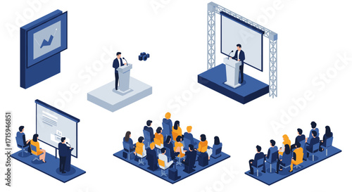 Isometric business presentation and conference scenes with speakers and audience