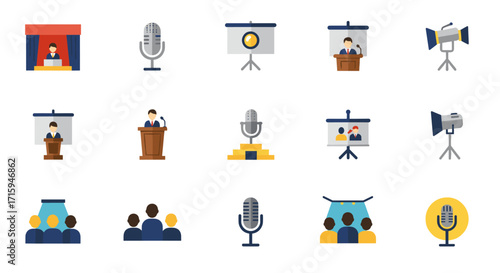 Colorful flat style conference icons featuring microphones and podiums
