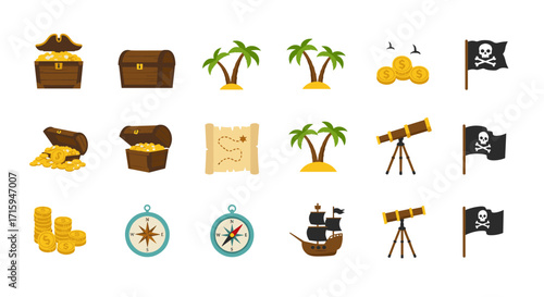 Pirate adventure icons set: treasure chests, maps, and palm trees