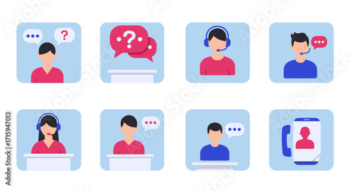 Customer support icons: flat design contact and communication symbols