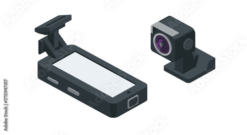 Isometric dashboard camera set with mounting bracket and lens