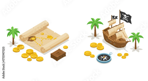 Isometric pirate adventure with treasure map and ship