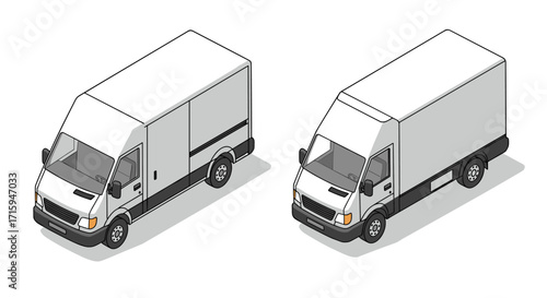 Isometric white delivery vans on a white background with shadows