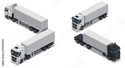 Isometric semi trucks collection with trailers and cargo variations