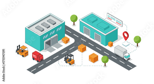 Isometric warehouse logistics with trucks and forklifts on delivery route