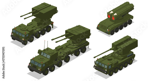 Isometric military vehicles with missile launchers and anti-aircraft weaponry