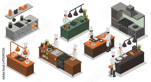 Isometric modern kitchen designs with chefs at work
