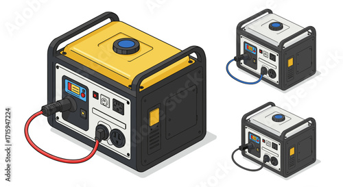 Isometric portable power generator set with cables and color variations