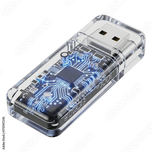 Transparent USB Flash Drive:  High-Tech Circuit Board, Glowing Blue, Modern Design, Data Storage Concept.