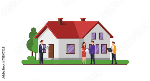 Real estate agents presenting modern house to clients in flat style