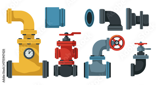 Colorful pipe fittings and valves collection with flat design elements