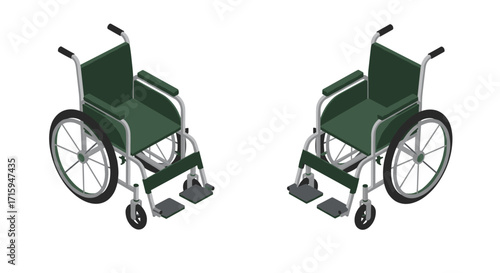 Isometric green wheelchair set with front and side views on white background