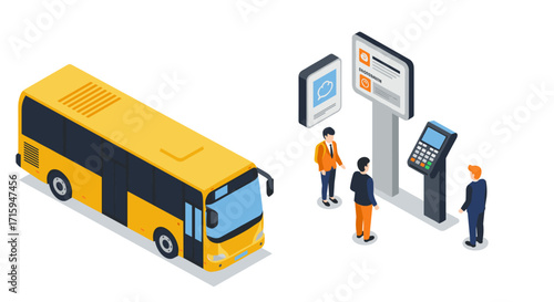 Public transport isometric scene with bus and ticket machine