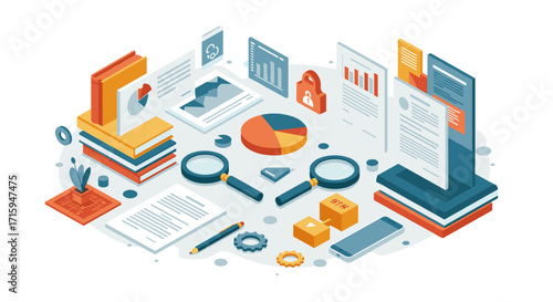 Isometric office data analytics workspace with charts and documents