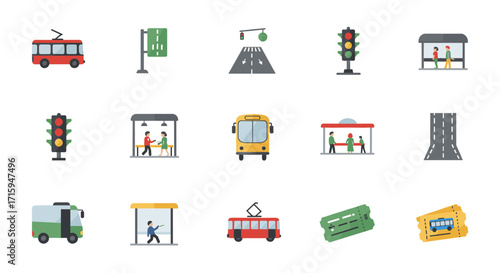 Colorful flat icons of public transportation and traffic elements