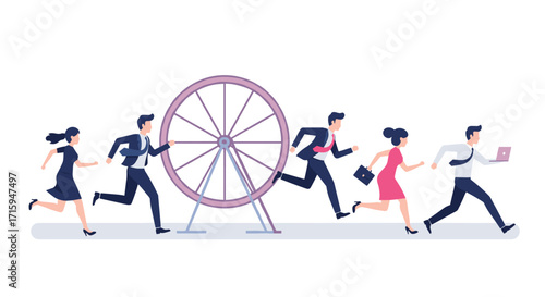 Business people running in a hamster wheel: concept of workplace routine and stress