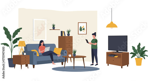 Cozy living room scene with people relaxing and using devices
