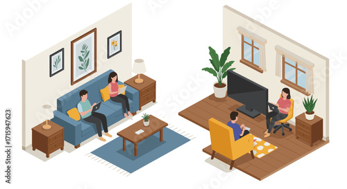 Cozy home interiors with people relaxing and working in isometric design
