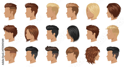 Diverse hairstyles collection with various short and medium cuts for men and women