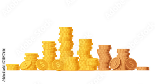 Stacks of gold coins with dollar symbols on white background