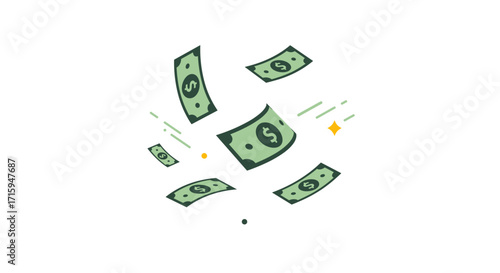 Floating cash in motion with falling dollar bills and minimalist design