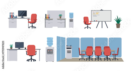 Modern office spaces with furniture and equipment in flat design