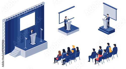 Isometric business presentation with audience and speaker on stage