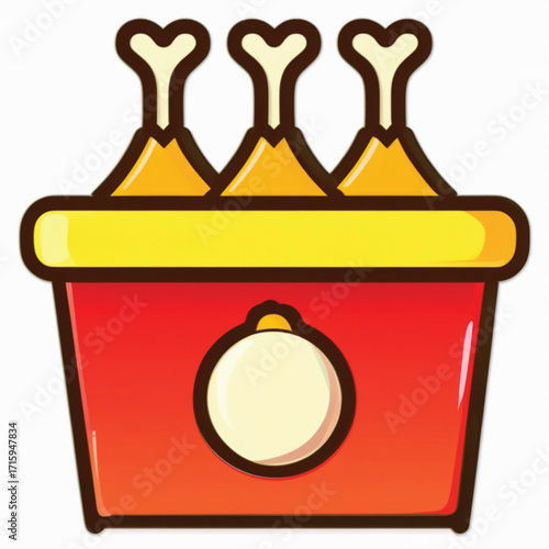 A stylized illustration of a red bucket filled with three golden chicken drumsticks, ready to be served.