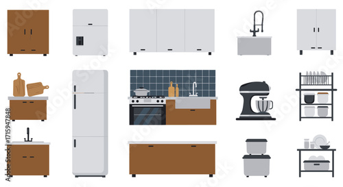 Modern kitchen set with appliances and cabinets in flat design style