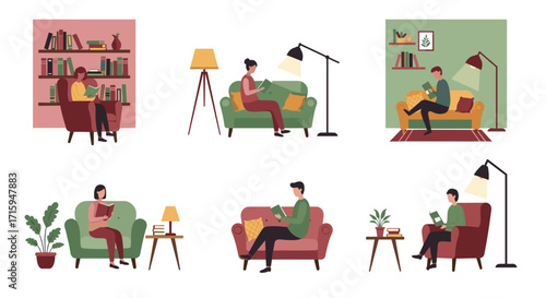 Cozy home reading scenes with people relaxing on furniture in a minimalist style