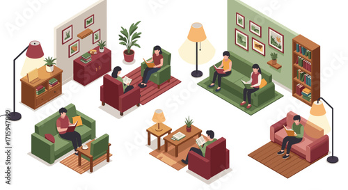 Cozy isometric reading corners with people relaxing in comfortable home living rooms