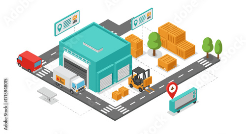 Isometric warehouse and logistics scene with trucks and cargo handling