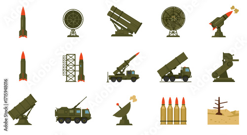 Military rocket and missile system icons in flat design