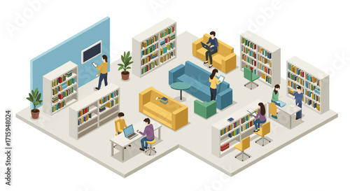 Isometric library scene with people reading and working in a modern interior