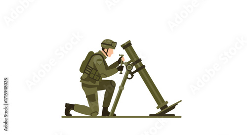 Soldier operating mortar weapon in flat style on white background