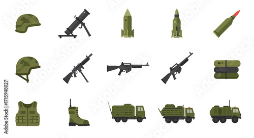 Military equipment icons set featuring weapons and vehicles in flat style
