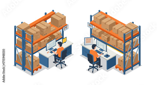 Isometric warehouse management with workers at desks and storage racks