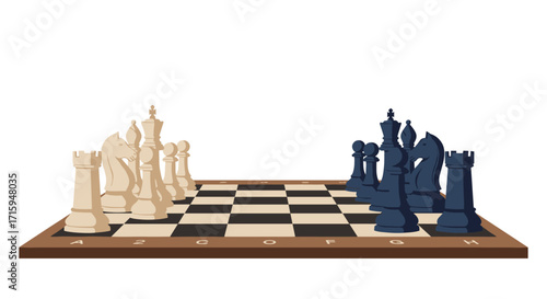 Classic chessboard with textured pieces on white background