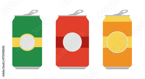 Colorful beverage cans in minimalistic design on white background