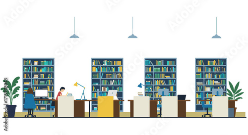 Modern office library with bookshelves and desks in minimalist style