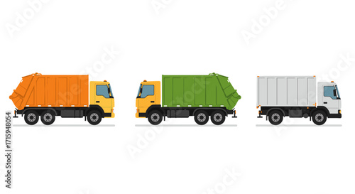 Colorful set of urban recycling trucks in row - waste management vehicles side view