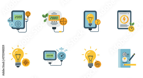 Smart energy metering and monitoring icons in flat design