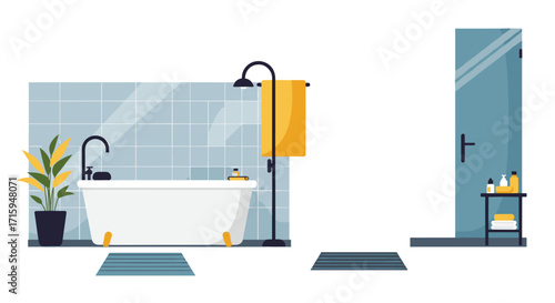 Modern bathroom interior with bathtub and minimalist decor in flat design
