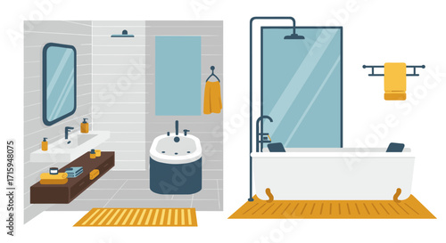 Modern bathroom interior with minimalist design featuring bathtub and shower