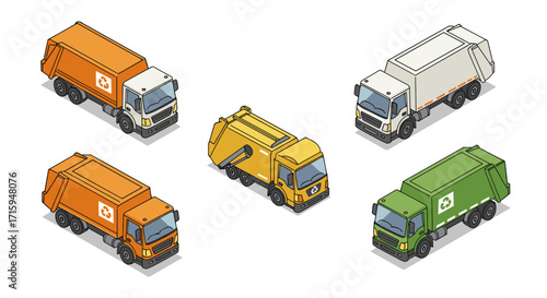Isometric recycling trucks collection in various colors