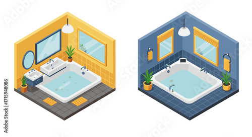 Isometric bathroom design: colorful modern interior with bathtub and plants