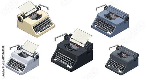 Isometric typewriter collection: retro office equipment in vintage colors