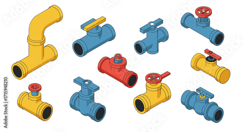 Colorful isometric pipe components set with valves for plumbing design
