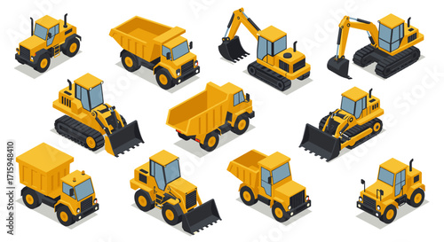 Yellow construction vehicles isometric set featuring bulldozers, dump trucks, excavators, and wheel loaders